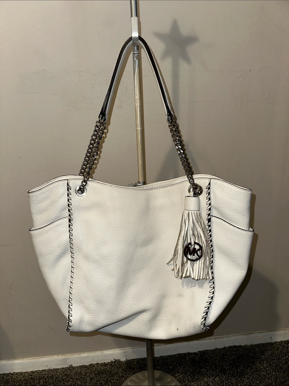 Michael Kors White Pebbled Leather Tassel Chain Tote